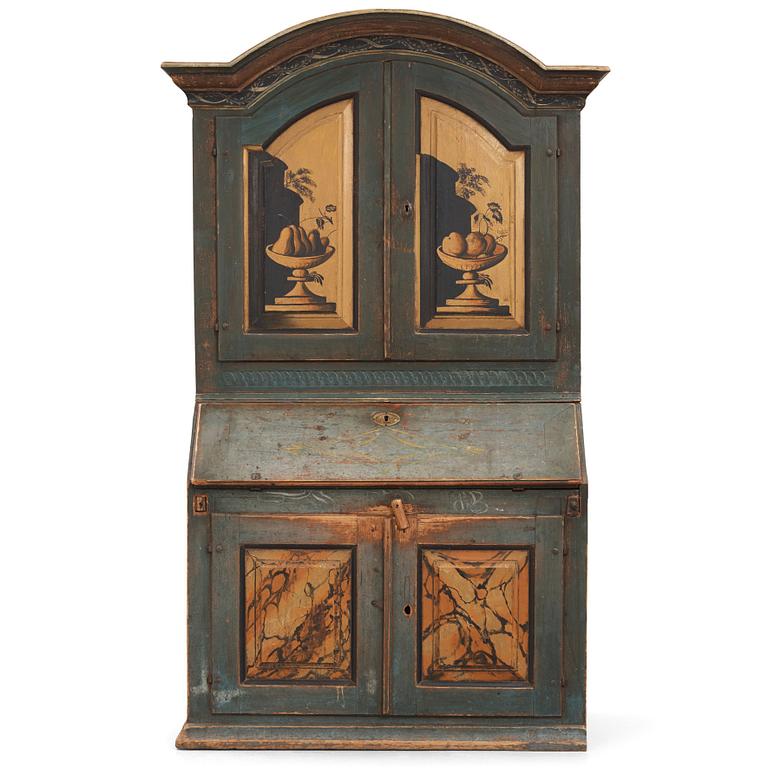A polychrome-painted writing-cabinet attributed to J. Bäckström (1773-1837), dated 1828.