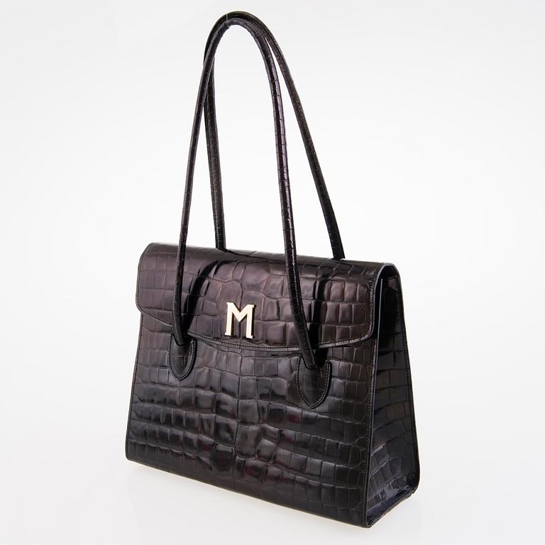 Bruno Magli Vintage Black Croco Patent Leather Shoulder Bag.