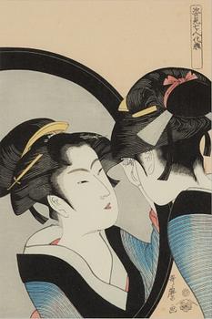 Kitagawa Utamaro, after, a woodblock print in colours, later part of teh 20th Century.