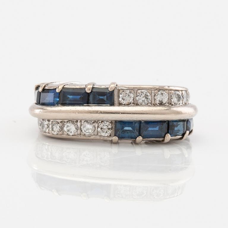 Ring 9K white gold with diamonds and step-cut sapphires.