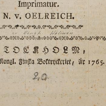 SWEDISH topography. (Holmen, BENGT), 1765.