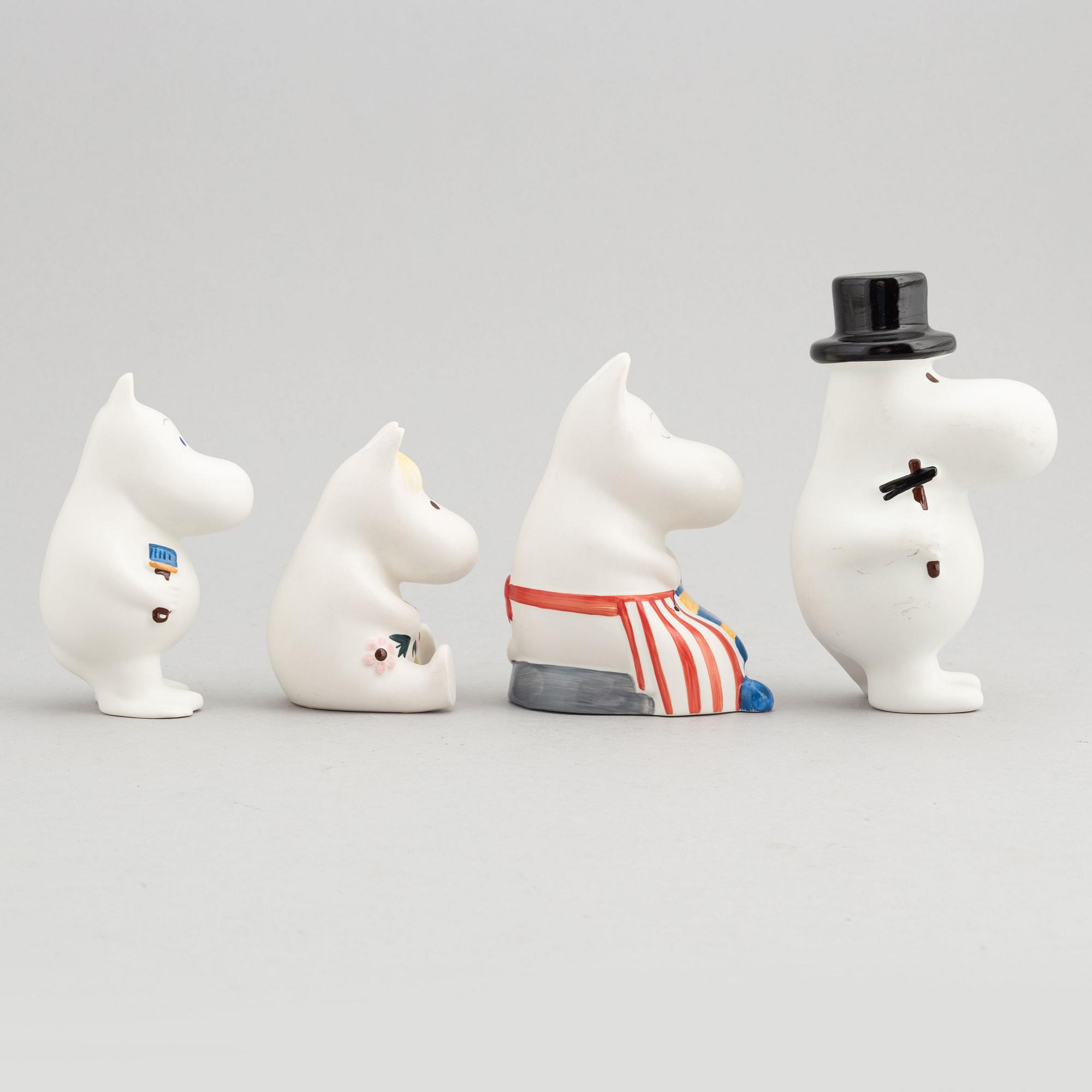 Four porcelain figurines, the Moomin family, Moomin characters, Arabia, Finland, end of the 20th century.