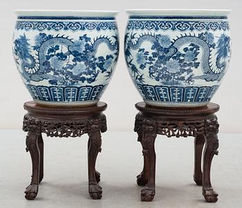 A pair of large blue and white fish basins/flower pots, late Qing dynasty, circa 1900.