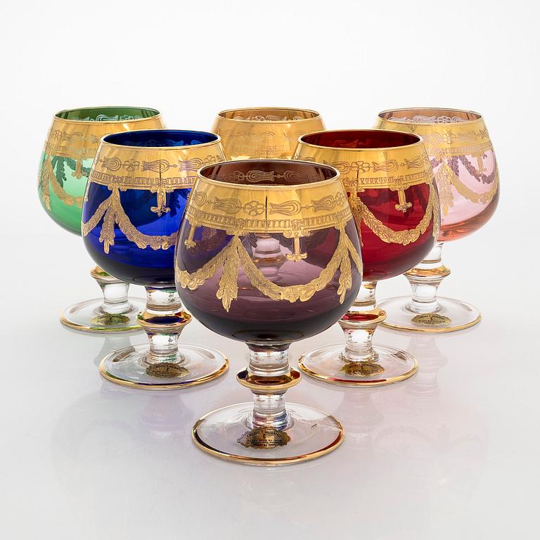 A set of six late 20th century Murano glasses, Italy.