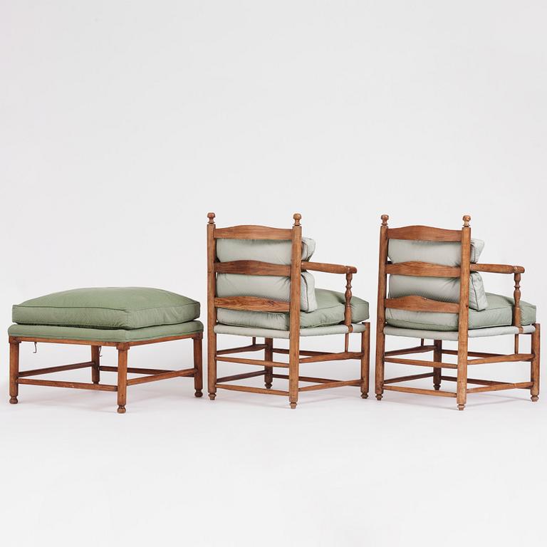 A pair of Gustavian 'Gripsholm' armchairs and an ottoman by J. Hammarström (master 1794-1812).