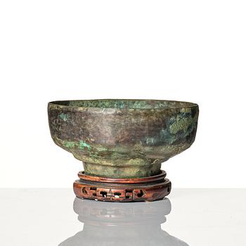 A bronze ritual wine vessel, jue and a bowl, possibly Shang and Ming dynasty.