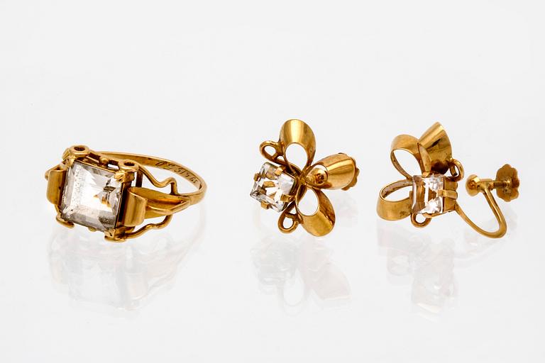 Ateljé Stigbert,ring and earrings, 18K gold and rockcrystal, Stockholm 1949.