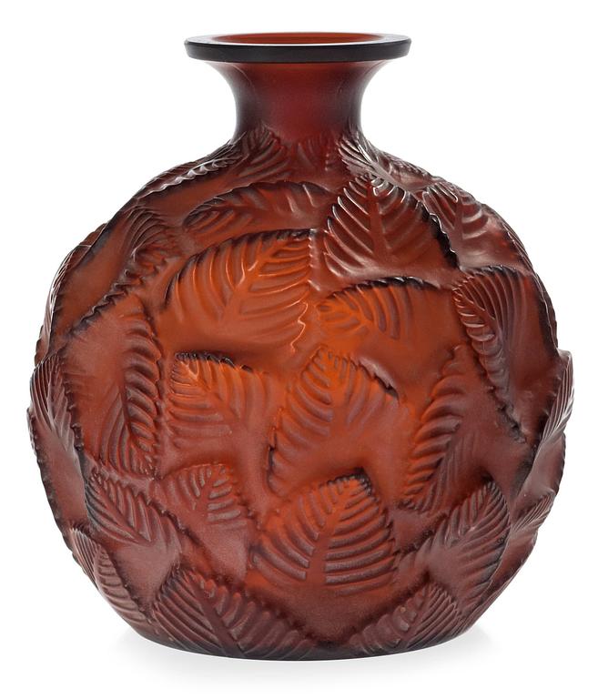 A René Lalique partly frosted amber glass 'Ormeaux' vase, France 1920's-30's.