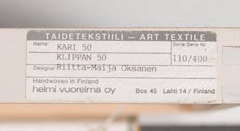 Riitta-Maija Oksanen, bildväv, signerad RMO, för Helmi Vuorelma AB, numrerad 110/400.