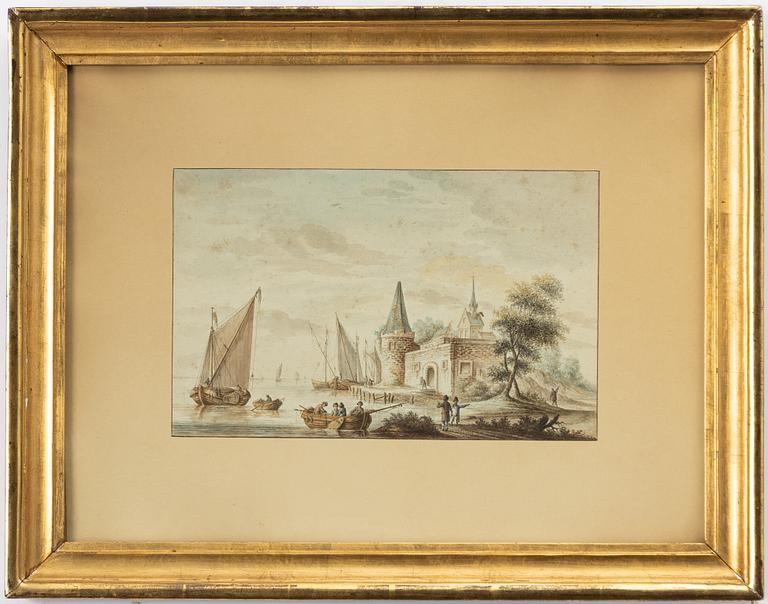 Okänd konstnär, 17/1800-tal, Figurer vid hamnstad.