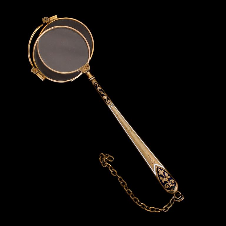 LORGNETTE, Gulmetall och 14 k guld, omkring år 1900. Total vikt ca 24 gram.