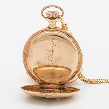 POCKET WATCH 14K gold Waltham and CHAIN 18K gold w 7 old-cut diamonds, 33 mm.