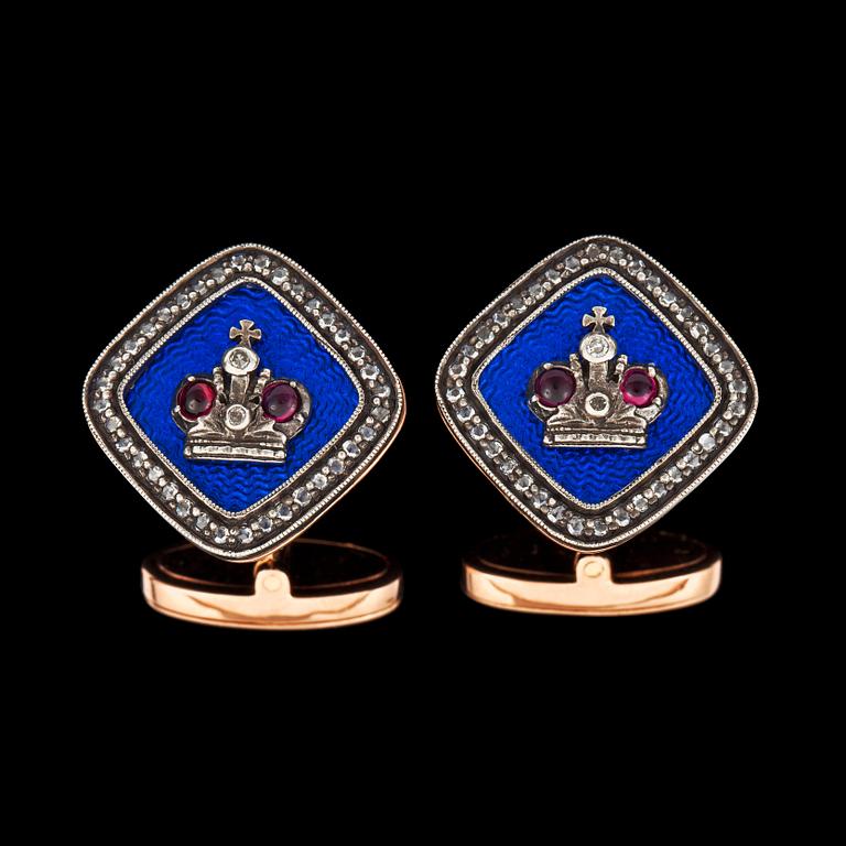 A pair of blue enamel, ruby and diamond cufflinks with the Russian state crown.