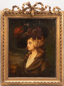 English artist, 19th century. Portrait of a lady with red plumes.