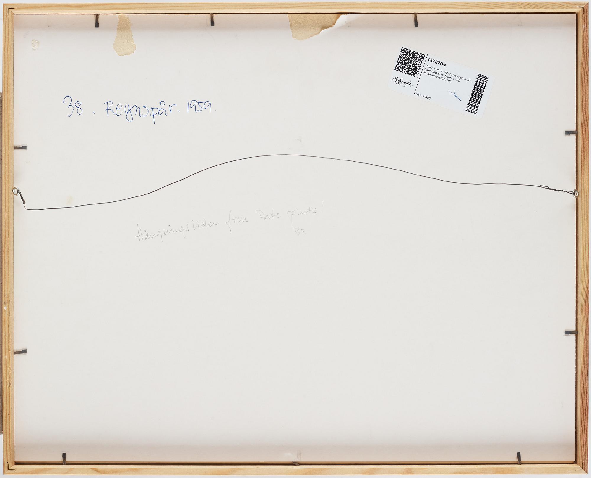 Philip von Schantz, linocut. Signed and dated -59. Numbered 4/20.