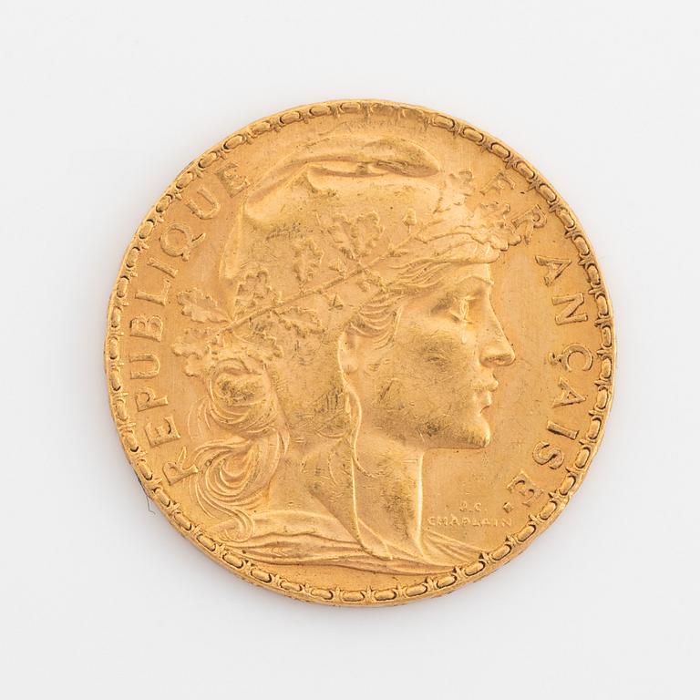 A French gold coin, 20 Francs, 1912.