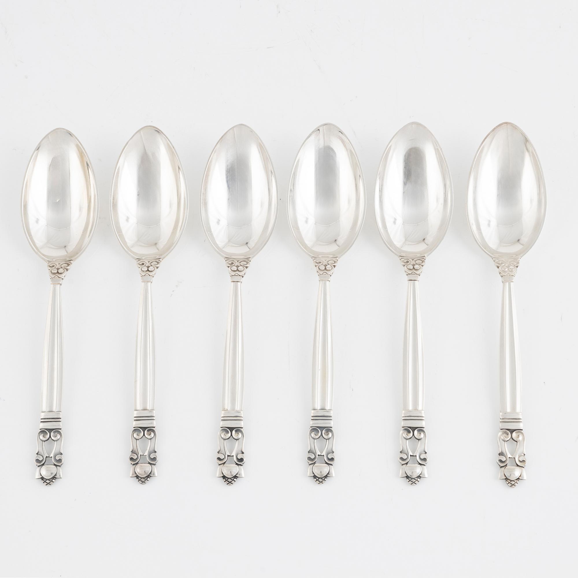 Johan Rodhe, six sterling silver spoons, 'Konge/Acorn', Georg Jensen, Denmark.
