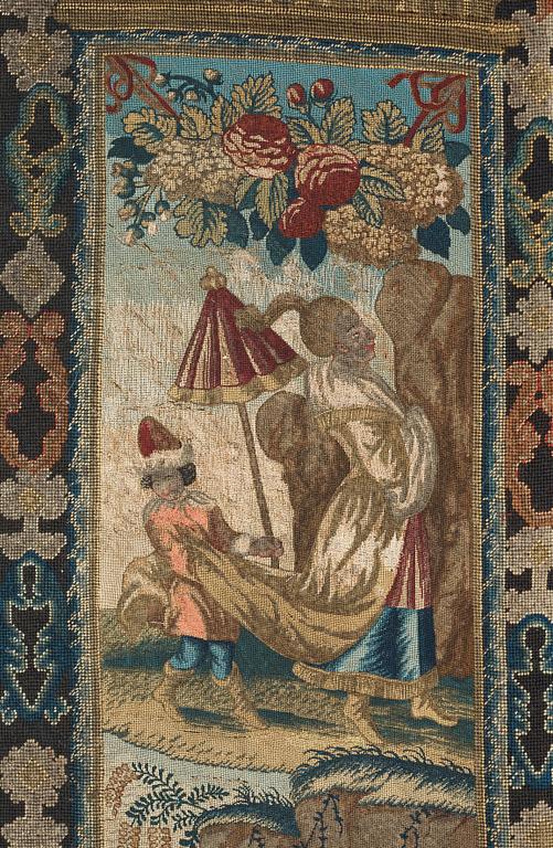 BRODERI. Korsstygn och petit point. 267,5 x 162,5 cm. Sannolikt England, omkring 1700.