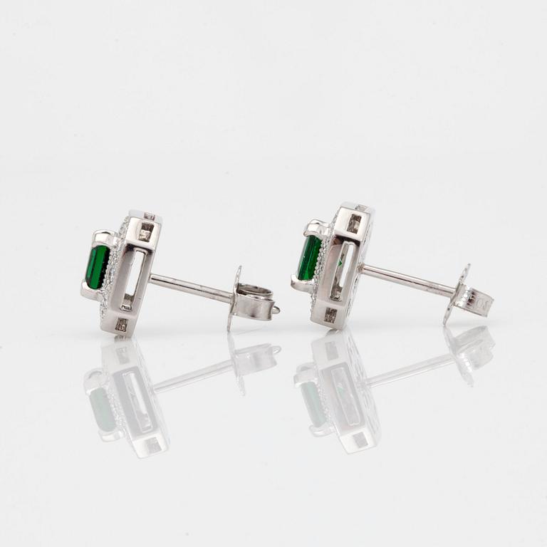 A pair of Asscher-cut tsavorite and brilliant-cut diamond earrings.