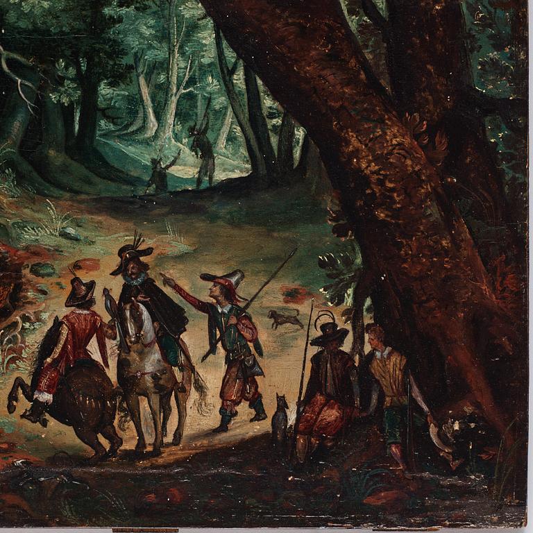 David Vinckboons Follower of, An extensive landscape with hunters.