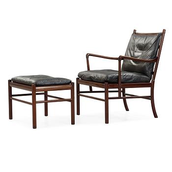 55. Ole Wanscher, a stained mahogany and black leather 'Colonial Chair PJ 149' and ottoman, Poul Jeppesen, Denmark.