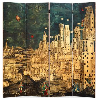 501. A Piero Fornasetti four-panel room divider/folding screen, 'City of cards', Milan, Italy 1950's.
