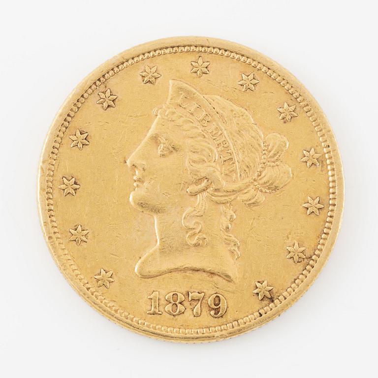 Gold coin, USA, 10 dollars, Liberty head, 1879.