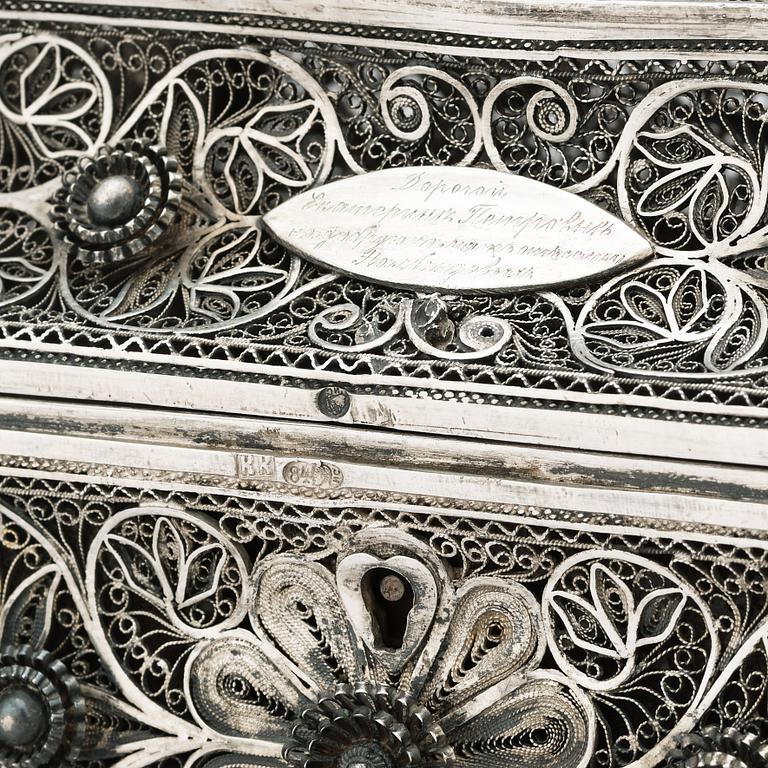 A 19th Century silver filigree box, unidentified makers mark R.K, Assay master mark of Ivan Lebedkin, Moscow 1898-1908.
