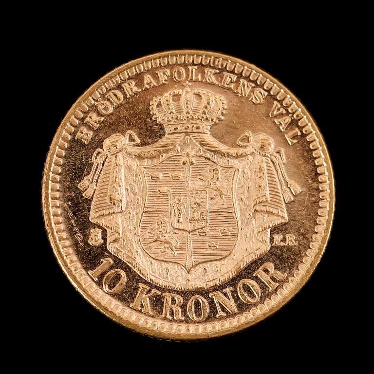 GULDMYNT, 10 kronor, Oscar II, 1894.  Vikt ca 5 gram.