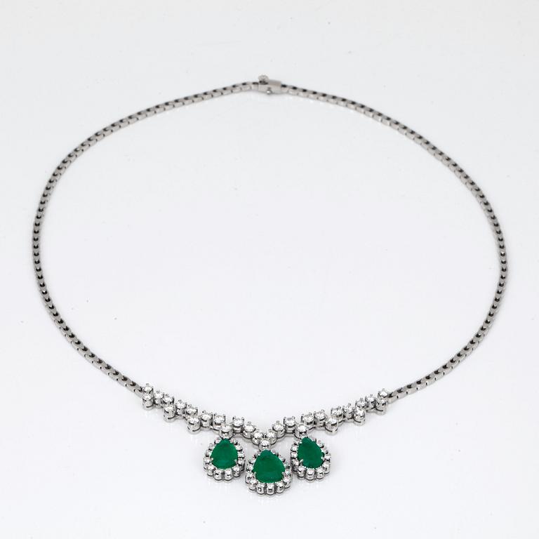 A 4.68ct pear shaped emerald and 3.49ct brilliant-cut diamond necklace.