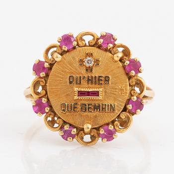 Gold, ruby and eight cut diamond ring.