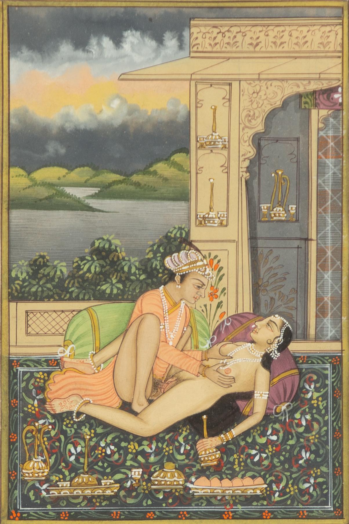 Unidentified artist, Erotic scenes in palace setting, India, 20th century. Three pieces.