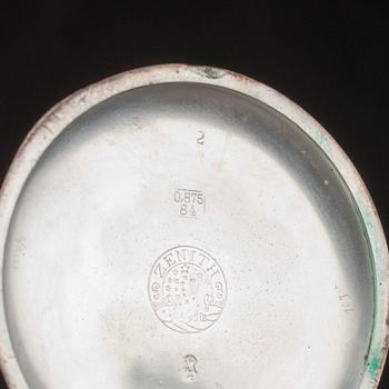 TASKUKELLO Zenith, hopeaa, 1900-luvun alku, sekä KELLONPERÄT, kultaa 14K, paino n. 13,3 g.