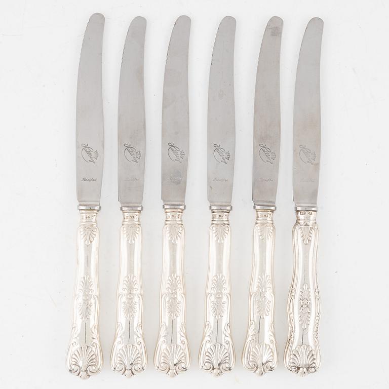 Matknivar, 6 st, silver, modell Engelsk snäck, CG Hallberg, Stockholm 1946.