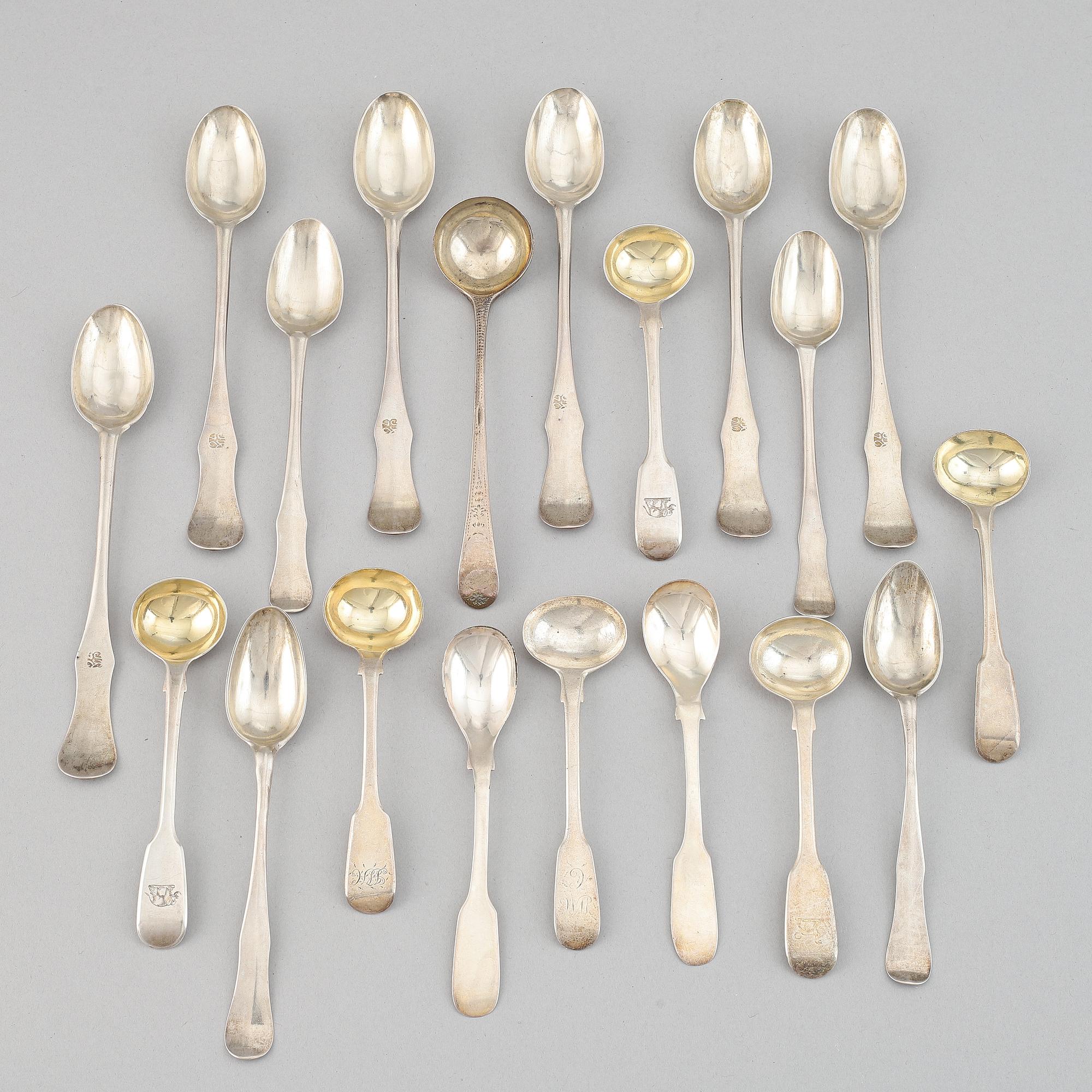 19 spoons, silver, different masters and countries, 18-19th century.