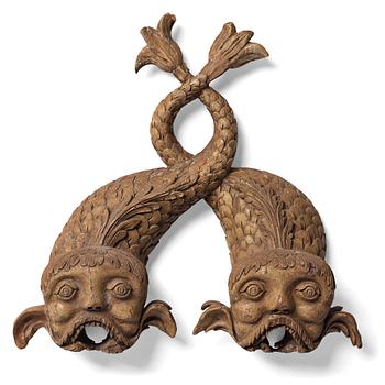 161. A pair of wooden beer dolphins, circa 1800.