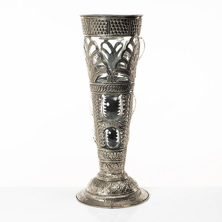 Vase, glass, and white metal, unmarked, 20th century.
