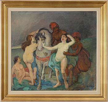 Figure scene with horse.