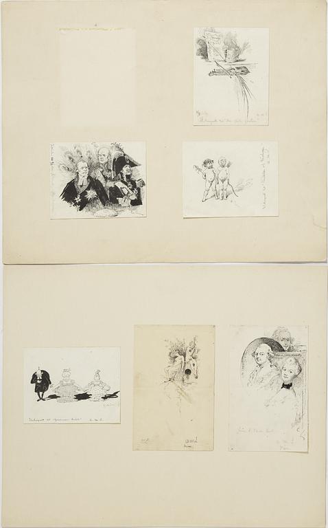 Carl Larsson, 6 st teckningar, signerade C.L., tusch och täckvitt på papper, monterade på kartong.