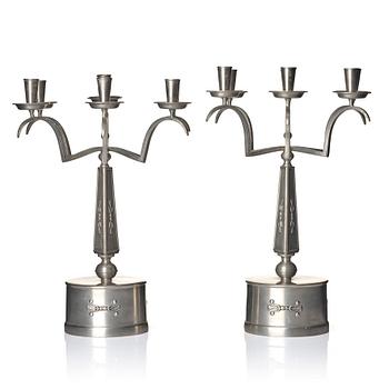 213. Nils Fougstedt, a pair of Swedish Grace pewter candelabra, Herman Bergman konstgjuteri, Stockholm 1927.