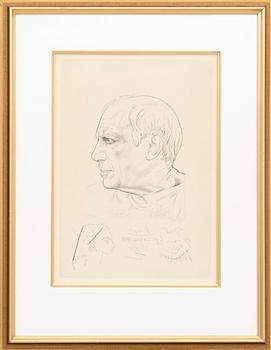 Pablo Picasso, "Portrait de Pablo Picasso et Remarque pour Témoignage" 1956.