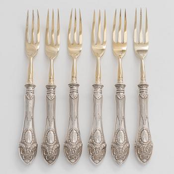 A set of six parcel-gilt forks, maker's mark of Mihail Bogdanov, Saint Petersburg 1892-1912.