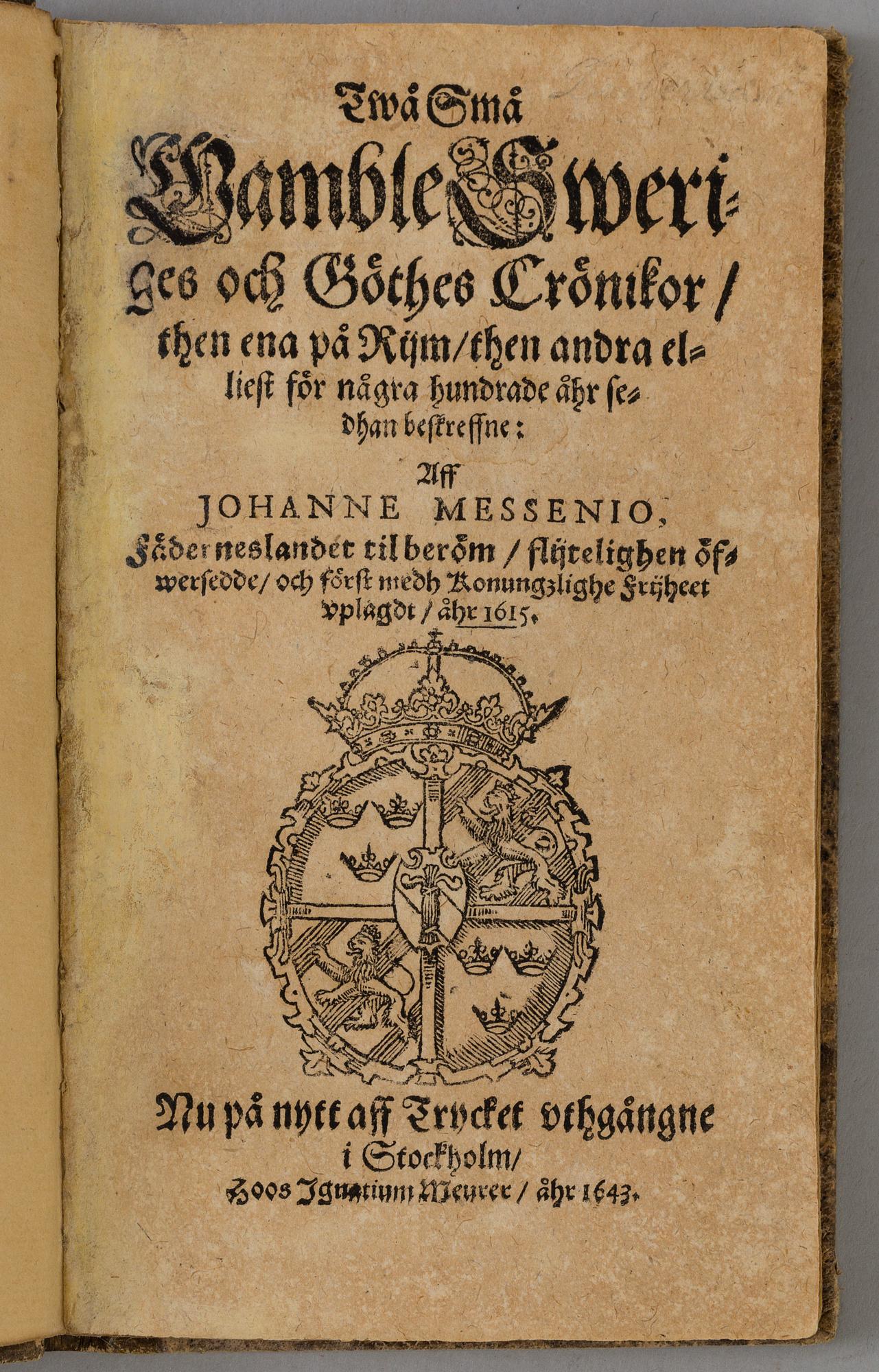 A BOOK, Johannes Messenius, Stockholm, 1643.