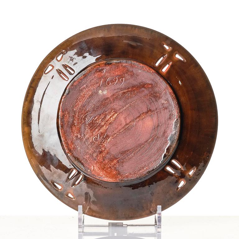 Hilma Persson-Hjelm, a glazed earthenware art nouveau lidded tureen with a plate, executed i her studio, Arvika 1919. No 8812,  plate 1699.