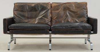 A Poul Kjaerholm 'PK-31-2' steel and black leather sofa,E Kold Christensen, Denmark.