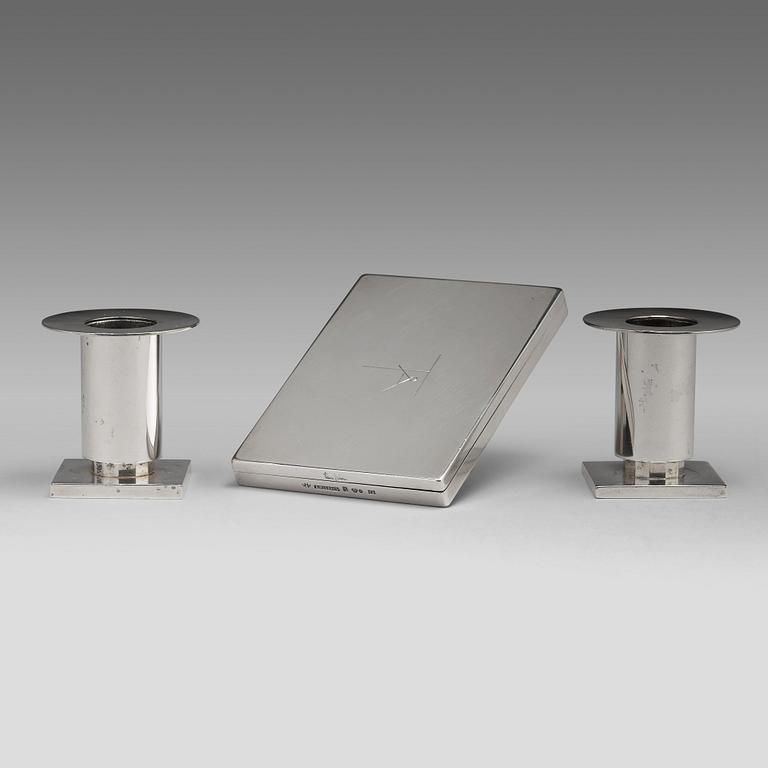 Wiwen Nilsson, a silver set with a pair of candlesticks and a cigarette case, Lund Sweden 1927-38.