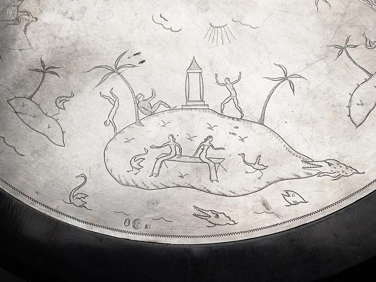 A Nils Fougstedt engraved pewter top table, Svenskt Tenn, Stockholm 1926.