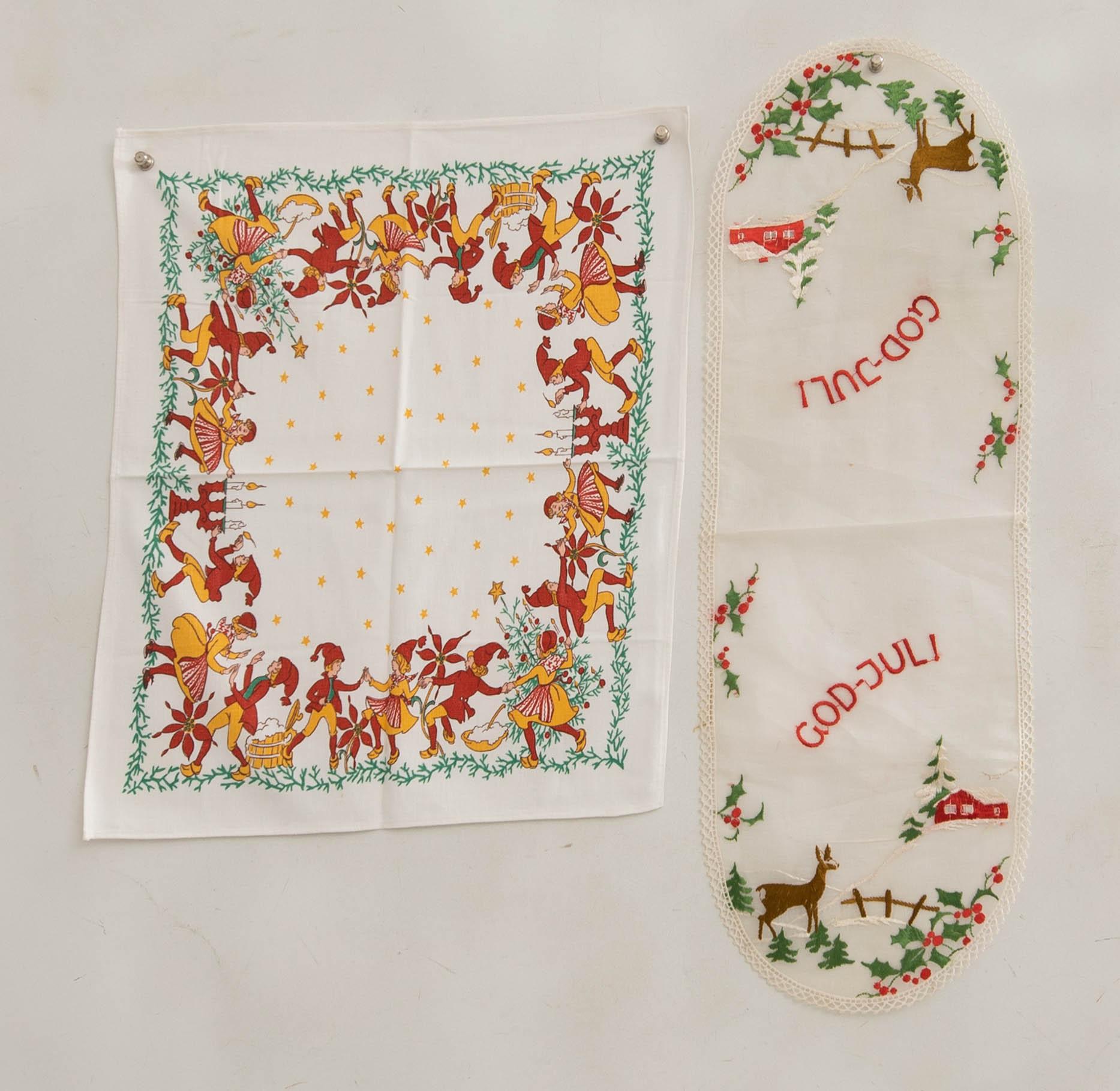 A collection of smaller Christmas tablecloths, runners, and wall hangings, approximately 34 pieces, mid/second half of the 20th century.