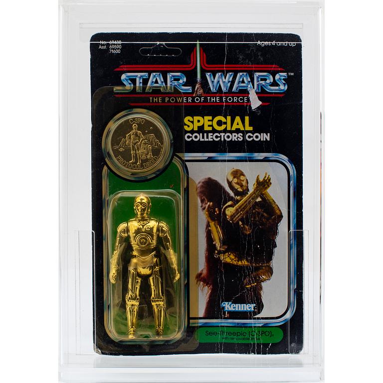 STAR WARS, Artoo-Detoo (R2-D2) ROTJ 65 back-b AFA 75 EX+/NM, See-Threepio(C3PO) POTF & Land Speeder, Kenner 1977-1984.