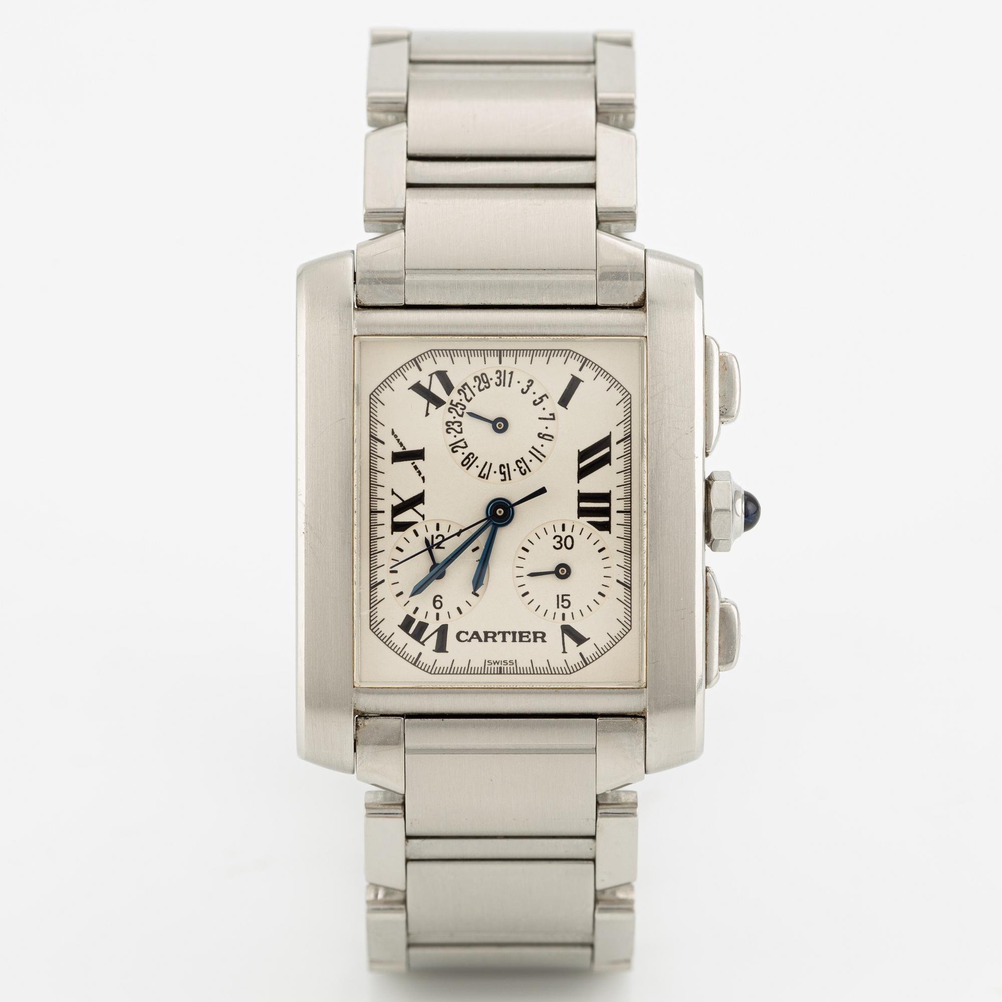 Cartier, Tank Francaise, chronograph, wristwatch, 28 x 28 (36) mm.
